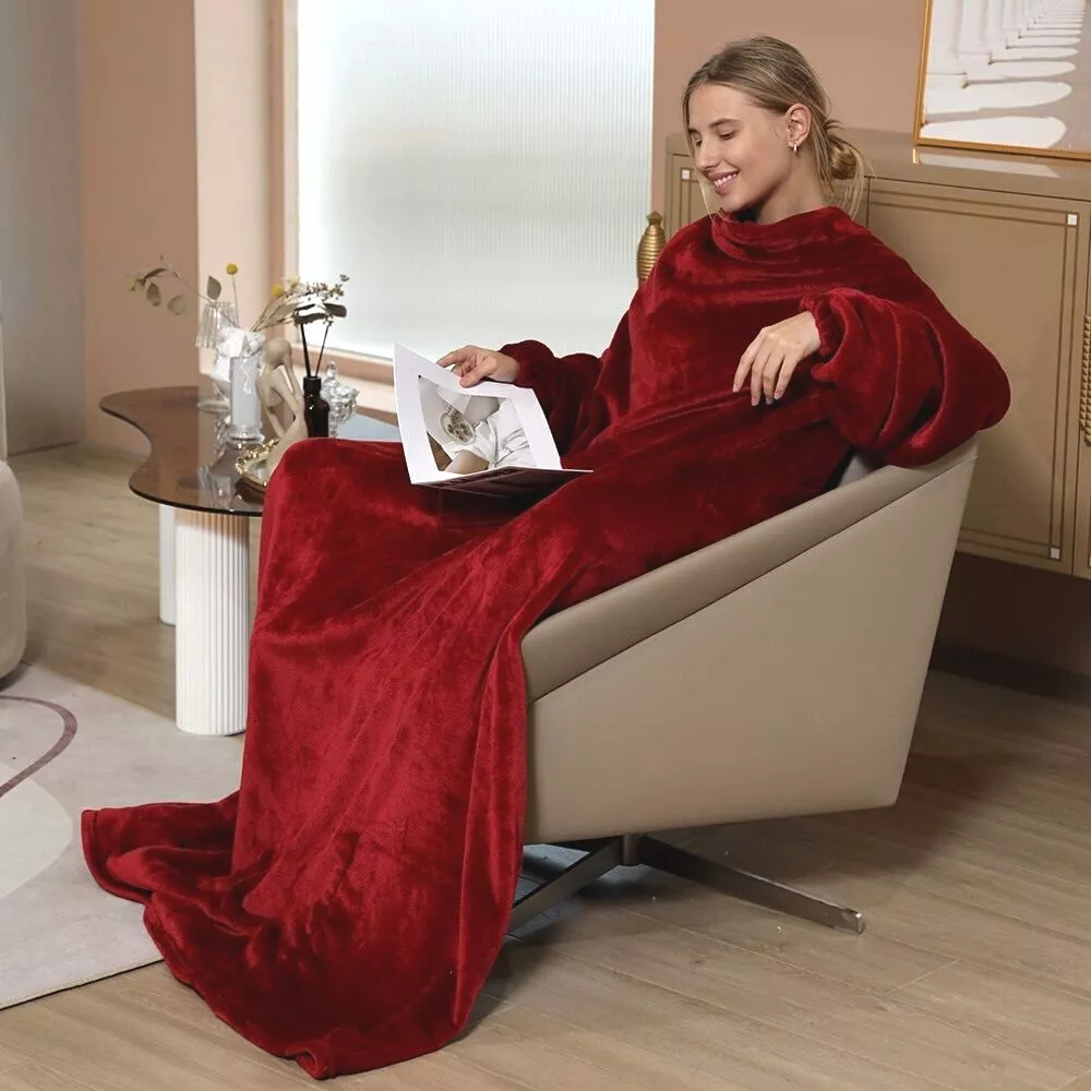 Patura cu maneci, buzunar si prindere la spate, Super Catifelata, 340g/mp, Rosie [3]