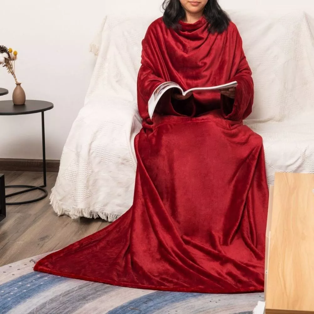 Patura cu maneci, buzunar si prindere la spate, Super Catifelata, 340g/mp, Rosie [7]