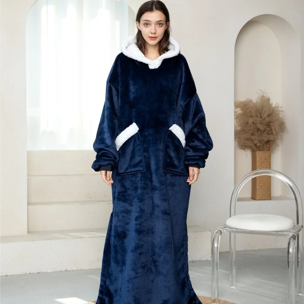 Patura cu maneci, gluga si buzunar DELUXE, Captusita, Ultra Calduroasa, 440g/mp, Albastra [5]