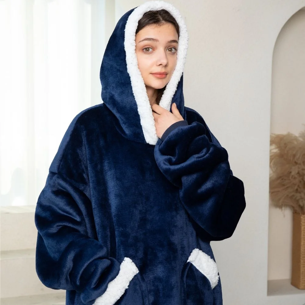 Patura cu maneci, gluga si buzunar DELUXE, Captusita, Ultra Calduroasa, 440g/mp, Albastra [7]