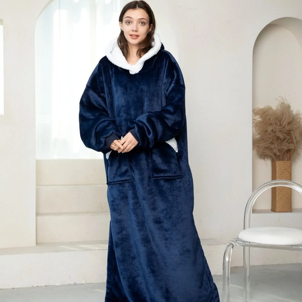 Patura cu maneci, gluga si buzunar DELUXE, Captusita, Ultra Calduroasa, 440g/mp, Albastra [6]