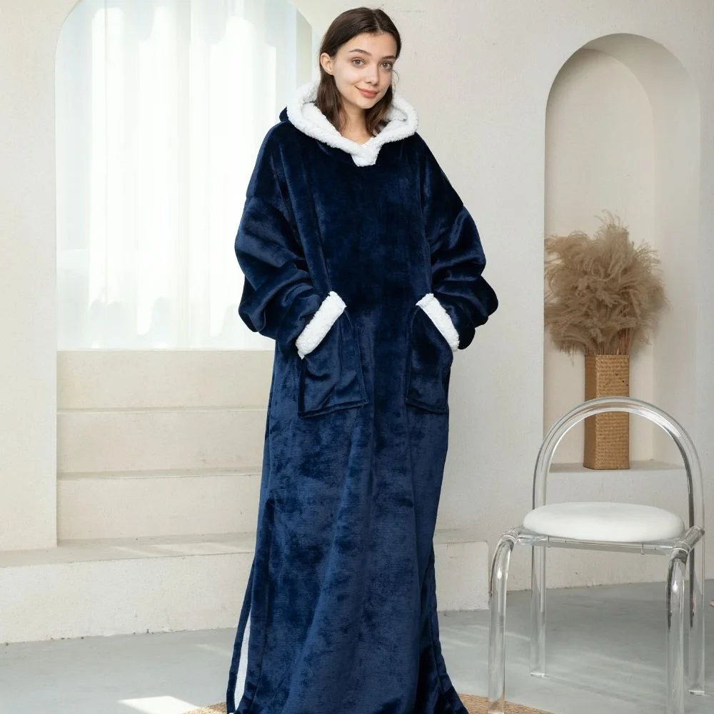 Patura cu maneci, gluga si buzunar DELUXE, Captusita, Ultra Calduroasa, 440g/mp, Albastra [1]