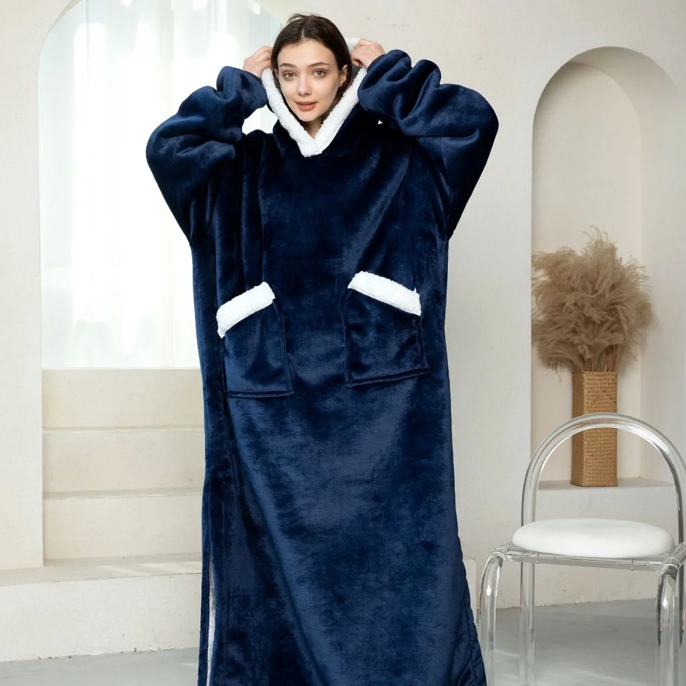 Patura cu maneci, gluga si buzunar DELUXE, Captusita, Ultra Calduroasa, 440g/mp, Albastra [2]