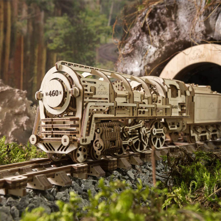 Cadouri pentru Tati - Puzzle 3D Locomotiva cu Aburi si Vagon din Lemn Ugears