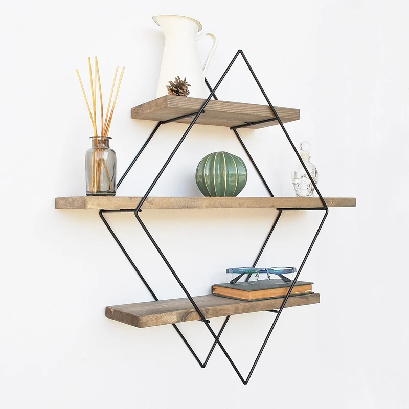 Raft decorativ de perete, nuc-negru, 60 cm, cadru metalic geometric [3]