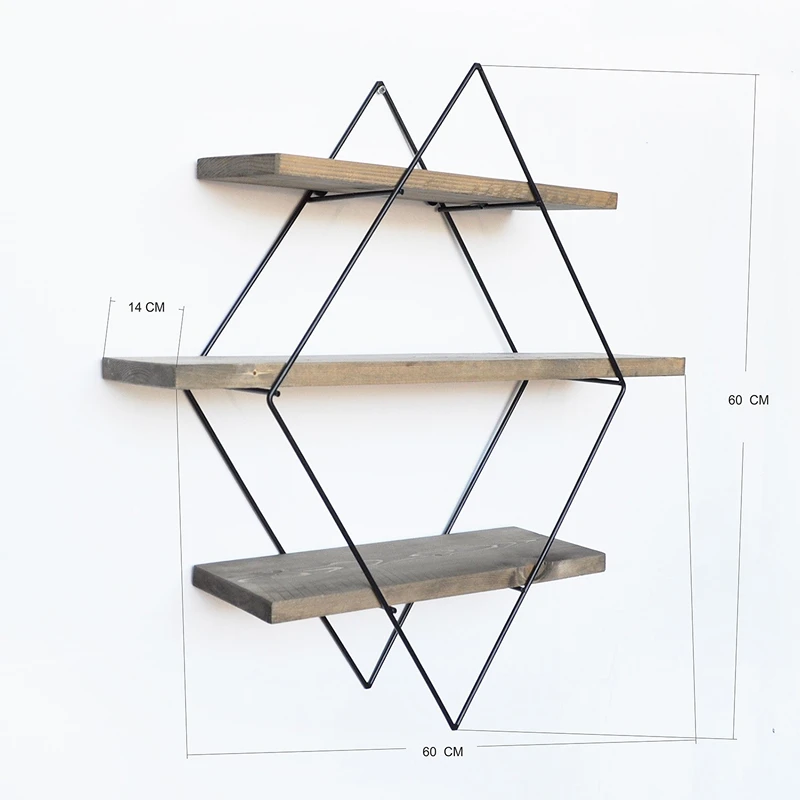 Raft decorativ de perete, nuc-negru, 60 cm, cadru metalic geometric [2]