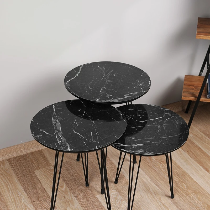 Set 3 masute rotunde Siyah gri-negru, design modern, picioare metalice [0]