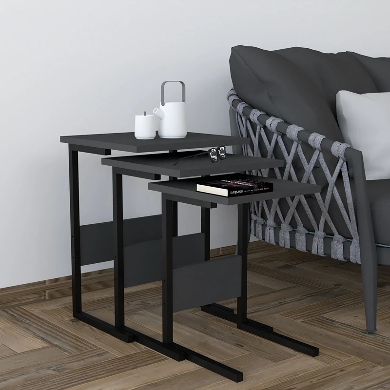 Set 3 mese suprapuse Sali, design modern, negru si antracit, picioare metalice, 40 cm [0]