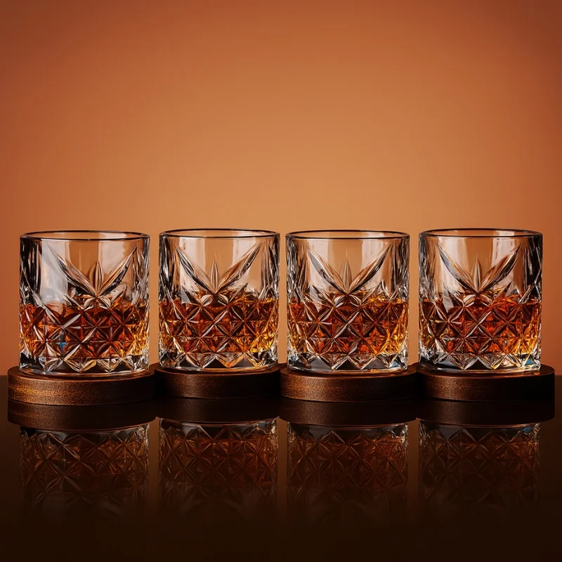 Cadouri de Casa Noua - Set 4 Pahare whiskey Diamant cu baza din lemn
