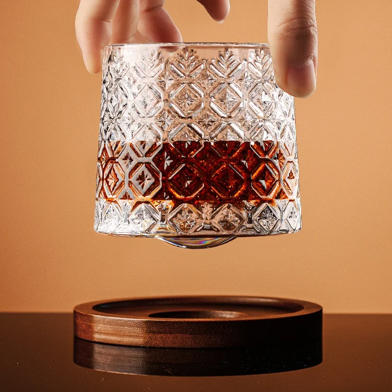 Set 6 pahare whiskey Ice Flower cu baza din lemn [8]