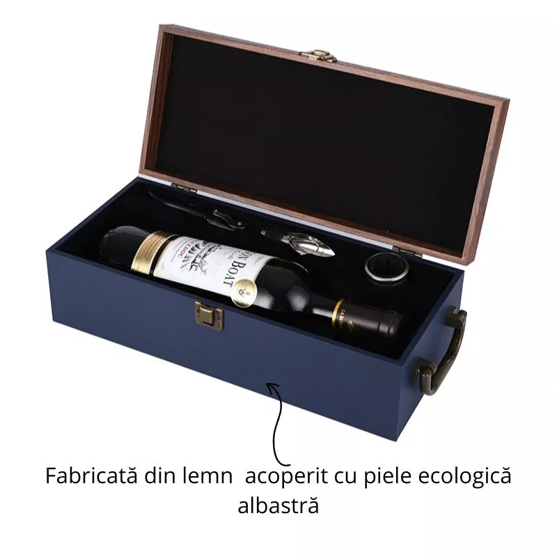 Cutie de vin Wine Bottle Box pentru 1 sticla cu accesorii vin incluse lemn si piele ecologica [3]
