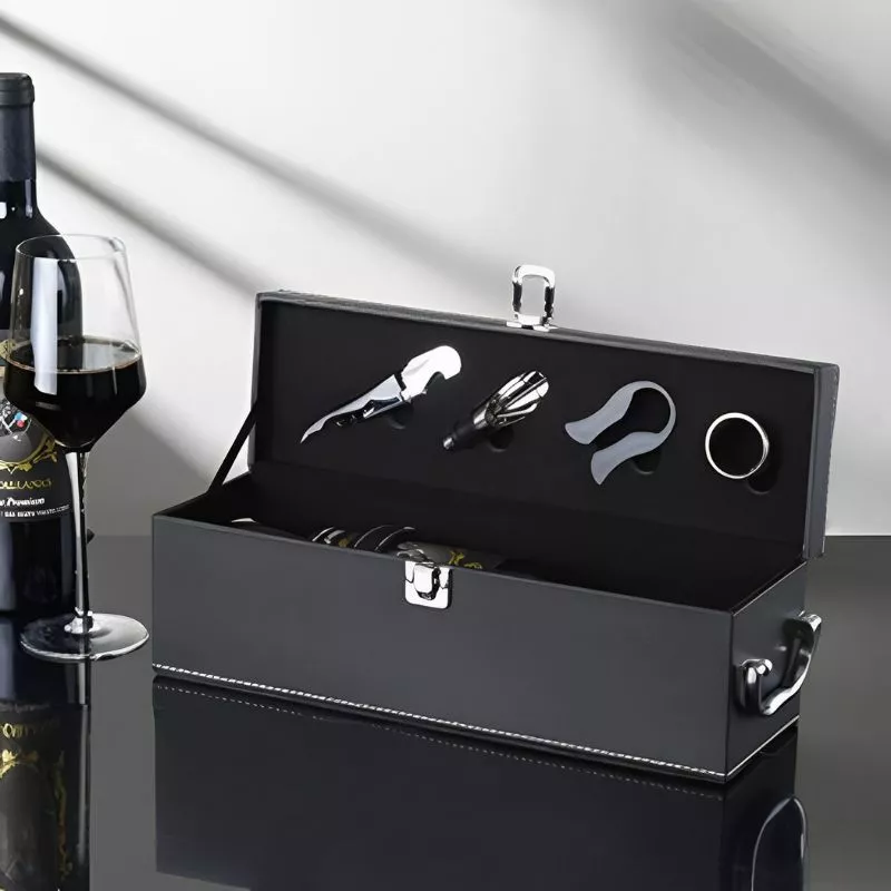 Cutie de vin Vinic pentru 1 sticla cu accesorii de vin incluse piele ecologica neagra eleganta [2]