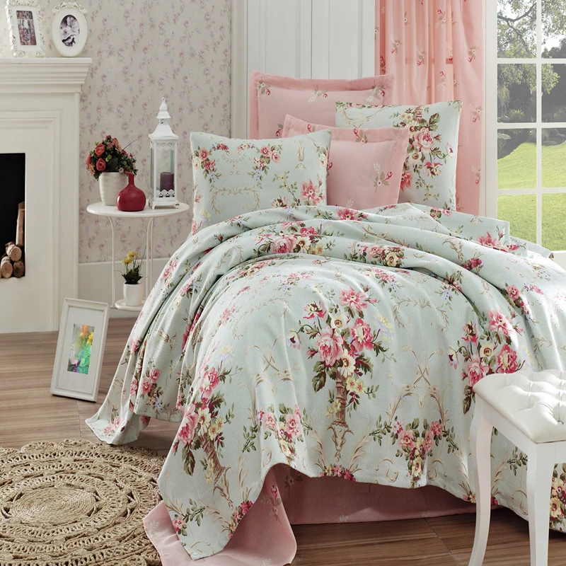 Cele mai noi - Set cuvertura pat single, bumbac, model floral, 160x235 cm, o husa de perna