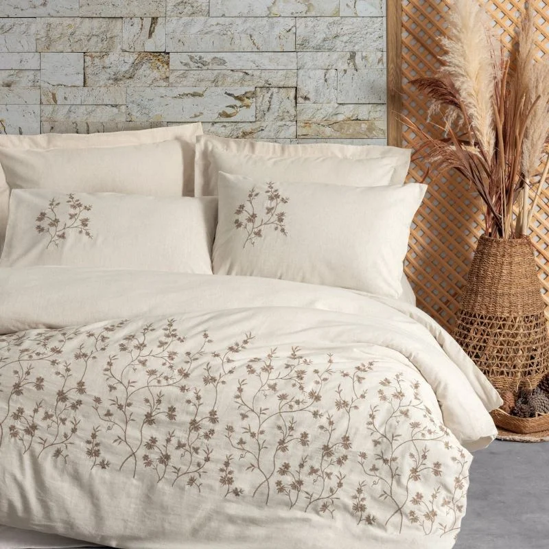 Home & Deco - Set lenjerie bumbac-linen Hemera - Bej, 200x220 cm, 4 fete de perna
