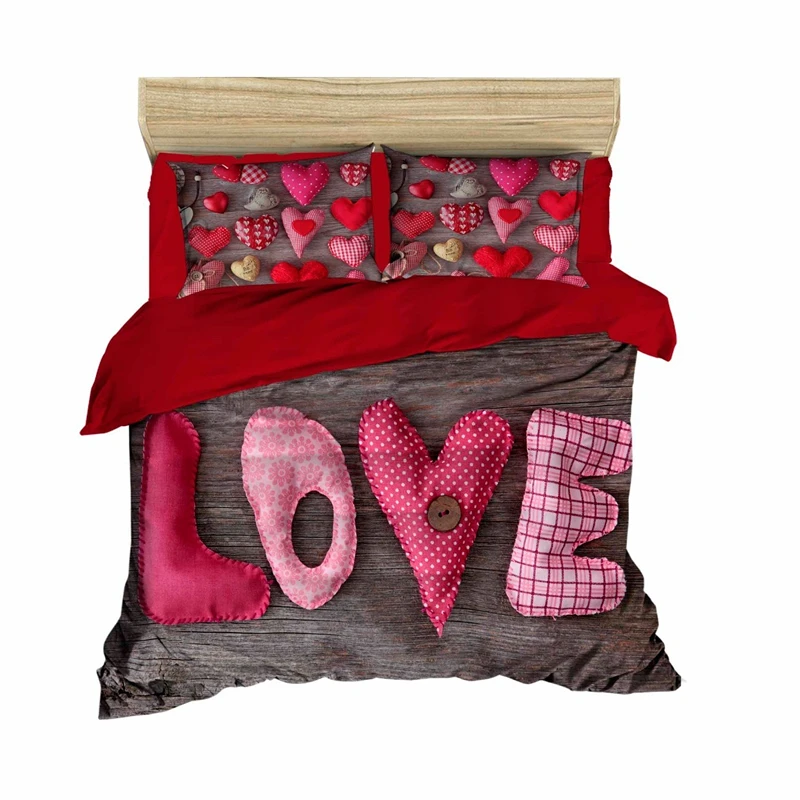 Cele mai noi - Set lenjerie de pat dublu Love 3D cu 2 huse de perna, poliester microsatin si bumbac, 200x220 cm