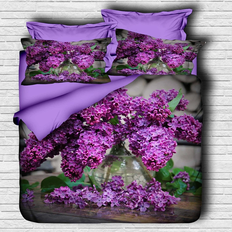 Cele mai noi - Set lenjerie de pat dublu cu 2 huse de perna, 3D, poliester microsatin si bumbac, mov-verde, 200x220 cm