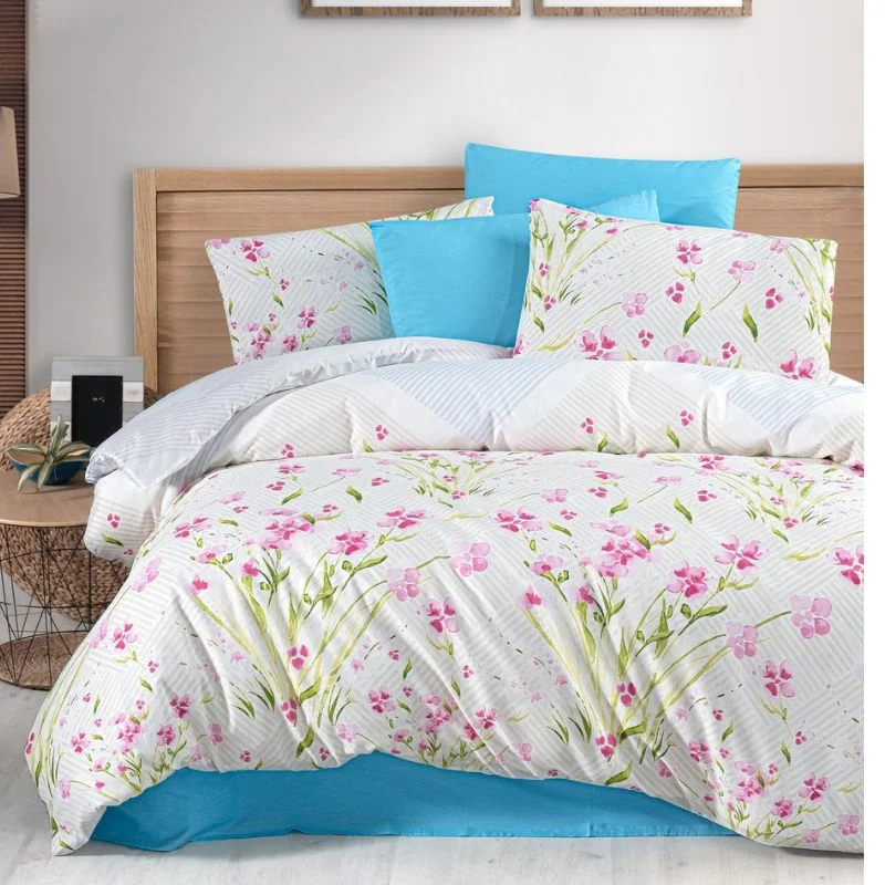 Home & Deco - Set lenjerie Flora - Albastru, 160x220 cm, 1 fata de perna cearsaf