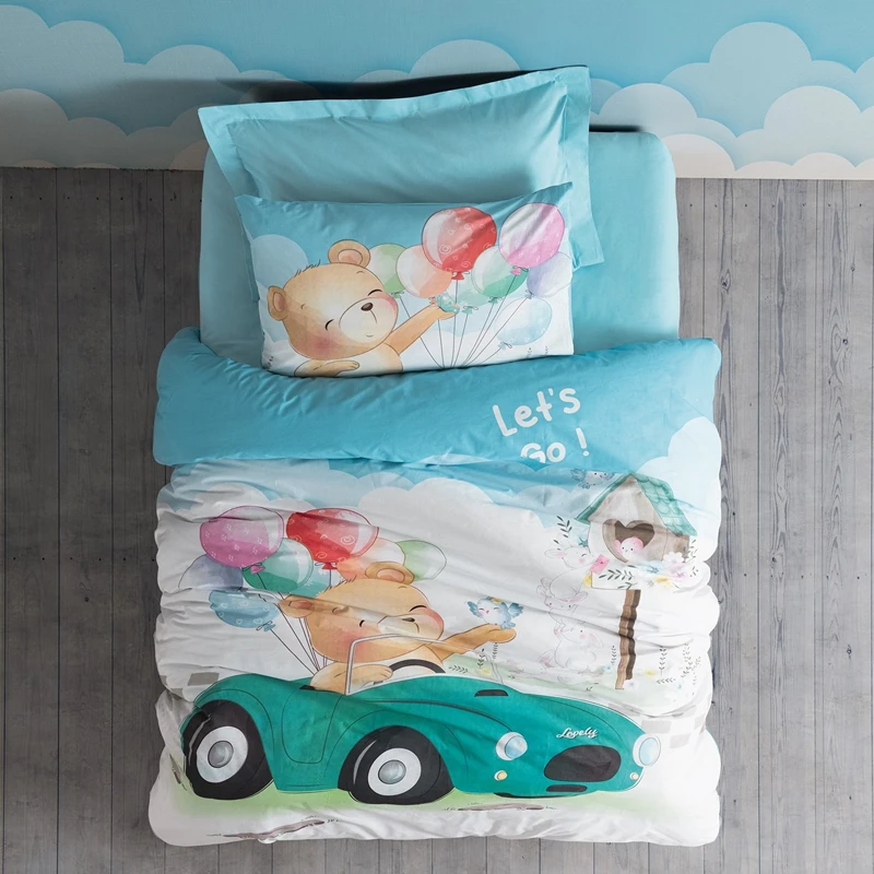Cele mai noi - Set lenjerie pat bumbac Buddy - Albastru, 160x220 cm, 1 fata de perna, cearsaf