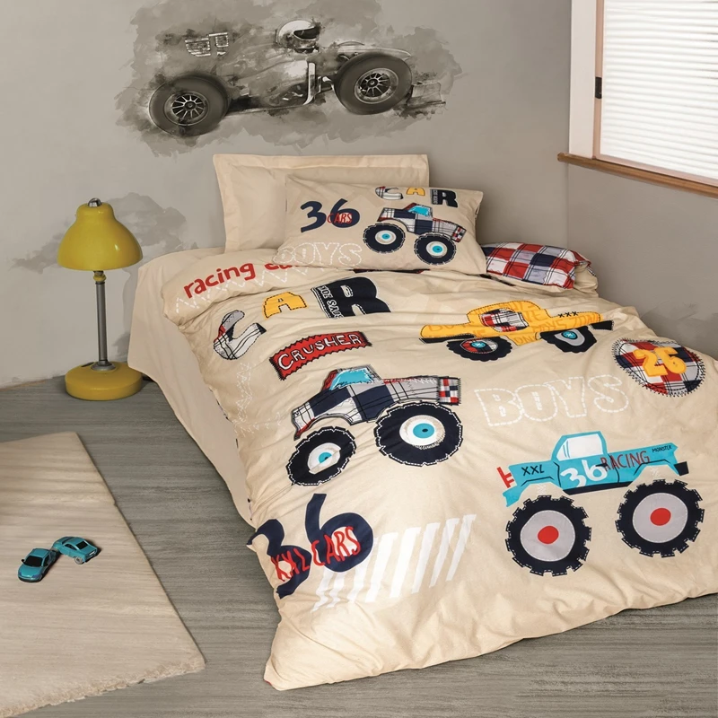 Cele mai noi - Set lenjerie pat ranforce Cars - Bej, 160x220 cm, 1 fata de perna, cearsaf