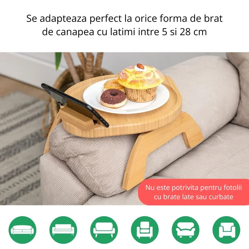 Tava de servire din lemn pentru brat canapea, cu suport telefon [7]