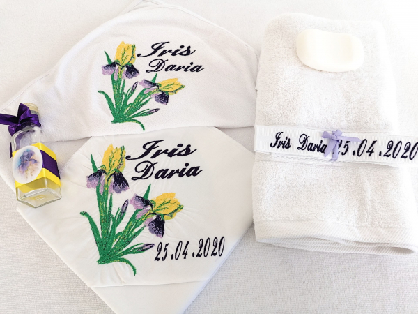 Trusou botez personalizat 6 piese Floare de Iris [1]