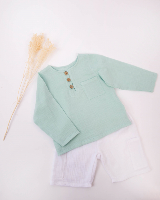 Set din muselina, cu bluza verde mint si pantaloni albi [3]