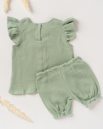Compleu de vara din muselina cu pantaloni scurti si bluza verde salvie [2]