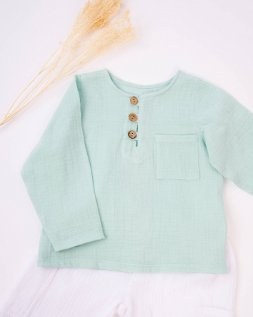 Cămăși - Set din muselina, cu bluza verde mint si pantaloni albi
