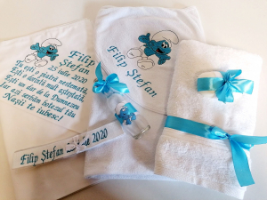 Trusou botez baieti 6 piese - Trusou botez personalizat 6 piese Strumf