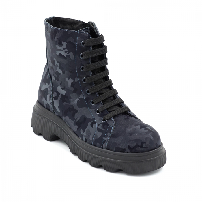 Ghete dama casual din piele naturala cu imprimeu bleumaren militar 3D cu varf rotund si talpa 3 cm  375221-23 [2]