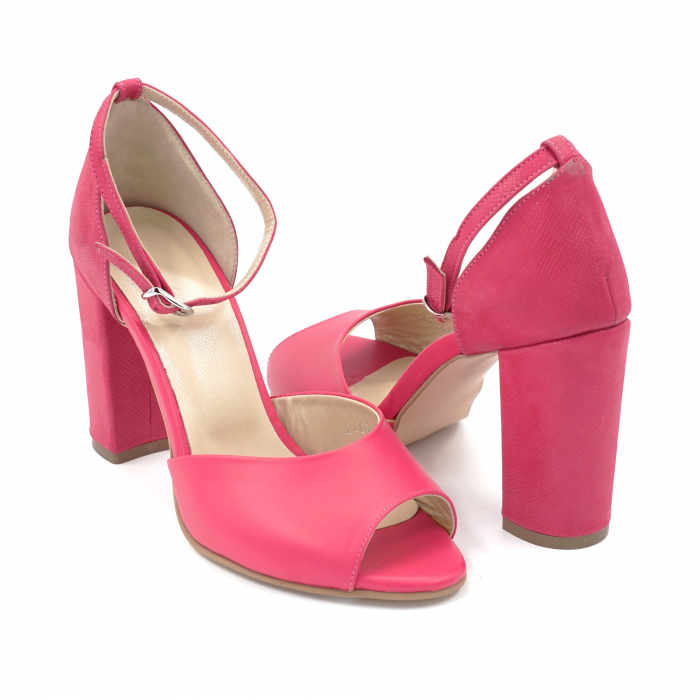 Sandale dama din piele naturala fucsia metalizata cu varf rotund si toc inalt gros imbracat 9 cm  1064-1-24 [4]