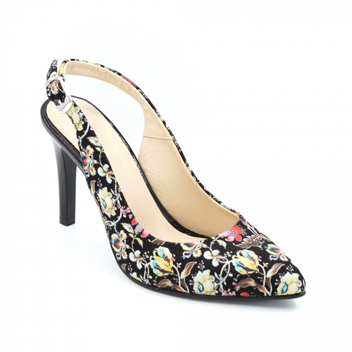 Sandale dama din piele naturala cu imprimeu floral cu varf ascutit stileto si toc inalt subtire 9 cm 0124-6-24 [2]