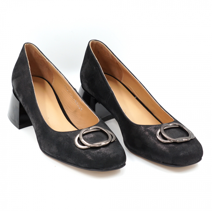 Pantofi dama din piele naturala neagra satinata cu varf patrat si toc mic gros 4 cm 50423-24 [2]