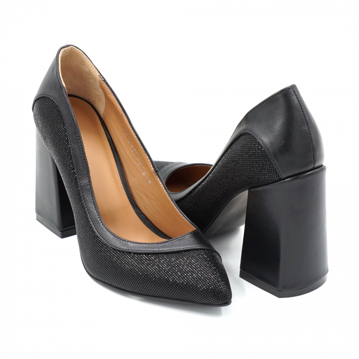 Pantofi dama din piele naturala neagra simpla si cu imprimeu cu varf ascutit stileto si toc inalt gros 9 cm 51519-24 [4]