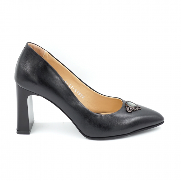 Pantofi dama din piele naturala simpla neagra cu varf ascutit stileto si toc mediu gros tip bricheta 8 cm 51324-1-24 [4]