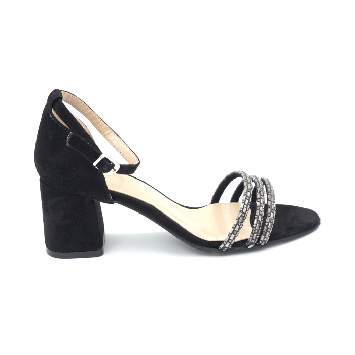 Sandale dama din piele naturala intoarsa neagra si strasuri fumurii cu varf semirotund si toc mic gros imbracat 6 cm  1061-24 [3]