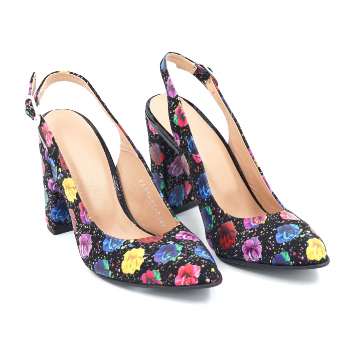 Sandale dama din piele naturala cu imprimeu floral cu varf ascutit stileto si toc inalt gros imbracat 9 cm  0124-10-24 [2]
