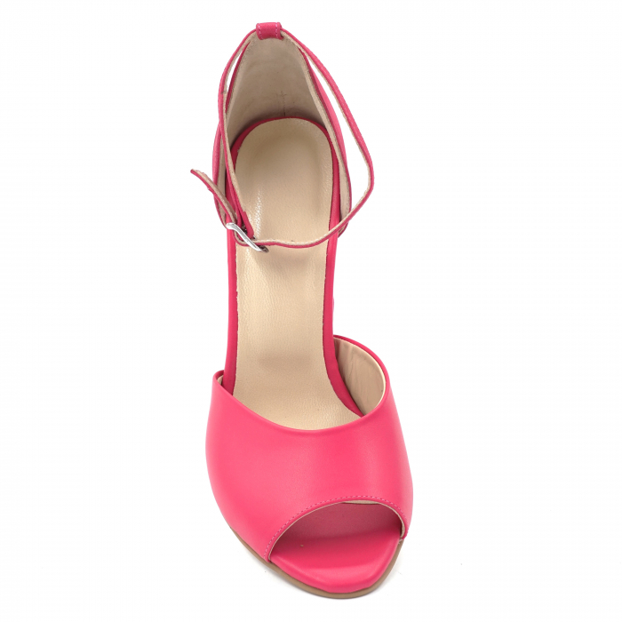 Sandale dama din piele naturala fucsia metalizata cu varf rotund si toc inalt gros imbracat 9 cm  1064-1-24 [5]