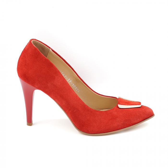 Pantofi dama din piele naturala intoarsa rosie cu varf ascutit stileto si toc inalt subtire 9 cm 50824-3-24 [3]
