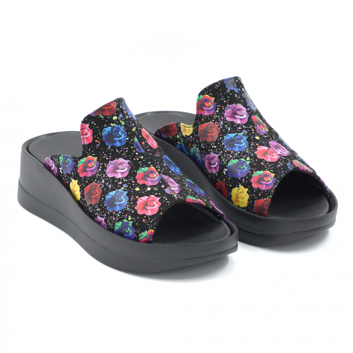 Papuci dama din piele naturala cu imprimeu floral cu varf rotund si talpa inalta 5 cm 1120-3-24 [3]