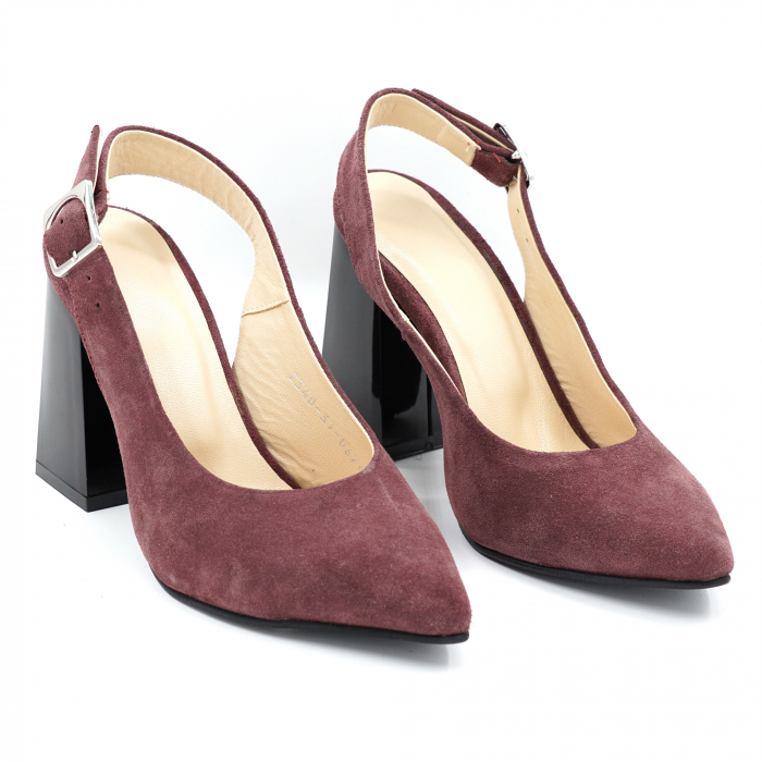 Sandale dama din piele naturala intoarsa visiniu wine cu varf ascutit stileto si toc inalt gros 9 cm  0224-6-24 [2]