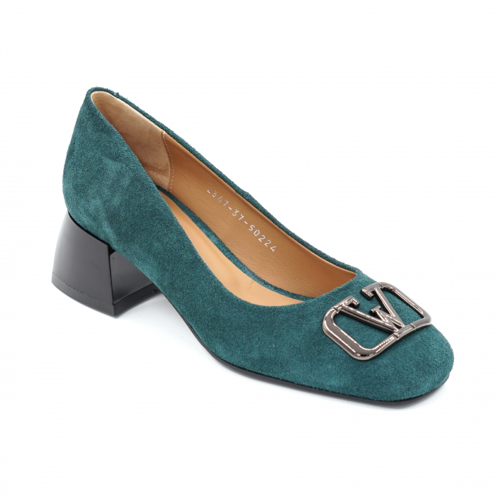 Pantofi dama din piele naturala intoarsa verde smarald cu varf patrat si toc mic gros 4 cm 50224-24 [4]