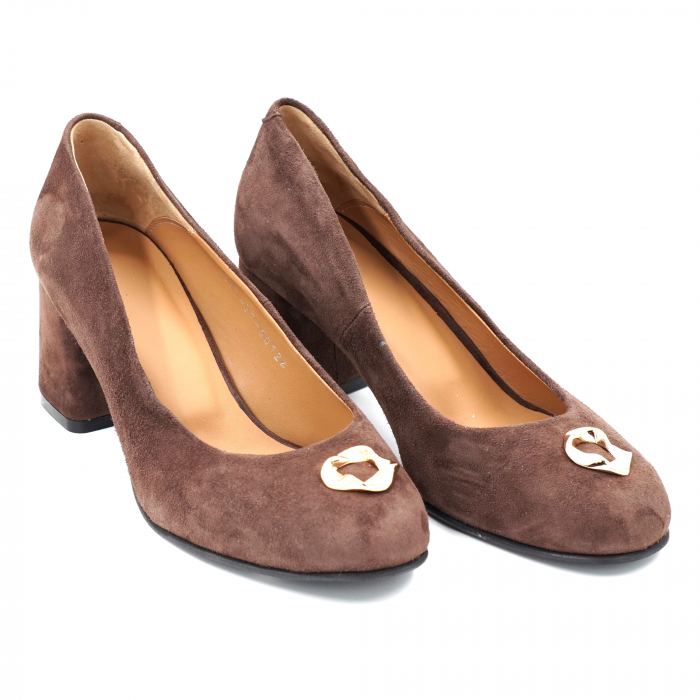 Pantofi dama din piele naturala intoarsa maro cu varf rotund si toc mic gros imbracat 6 cm 50124-24 [2]