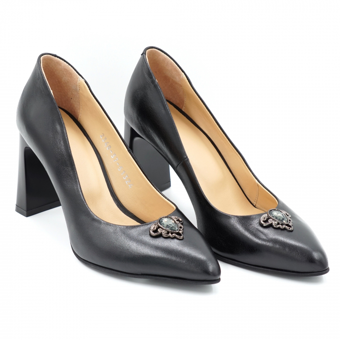 Pantofi dama din piele naturala simpla neagra cu varf ascutit stileto si toc mediu gros tip bricheta 8 cm 51324-1-24 [2]