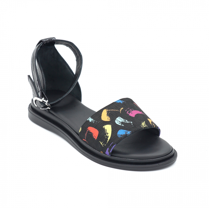 Sandale dama din piele naturala lacuita neagra si cu imprimeu multicolor cu varf rotund si talpa joasa 2 cm 4721-3-24 [2]