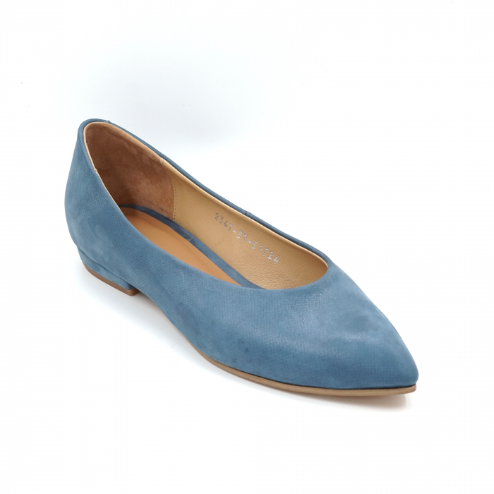 Pantofi dama tip balerini din piele naturala albastru bleu sidefat cu varf ascutit stileto si toc mic gros imbracat 1 cm 51724-24 [2]