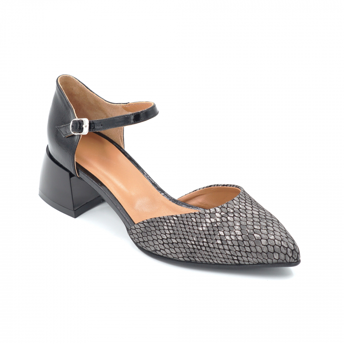 Sandale dama din piele naturala lacuita neagra si cu imprimeu sarpe argintiu cu varf ascutit stileto si toc mic gros 4 cm 1043-2-24 [5]