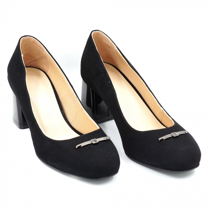 Pantofi dama din piele naturala intoarsa neagra cu varf rotund si toc mic gros 6 cm 51624-24 [2]