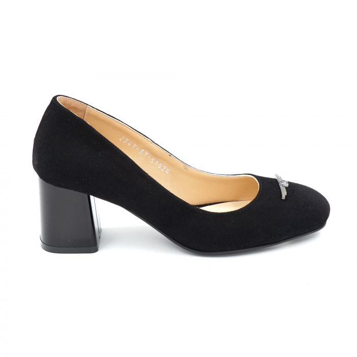 Pantofi dama din piele naturala intoarsa neagra cu varf rotund si toc mic gros 6 cm 51624-24 [4]