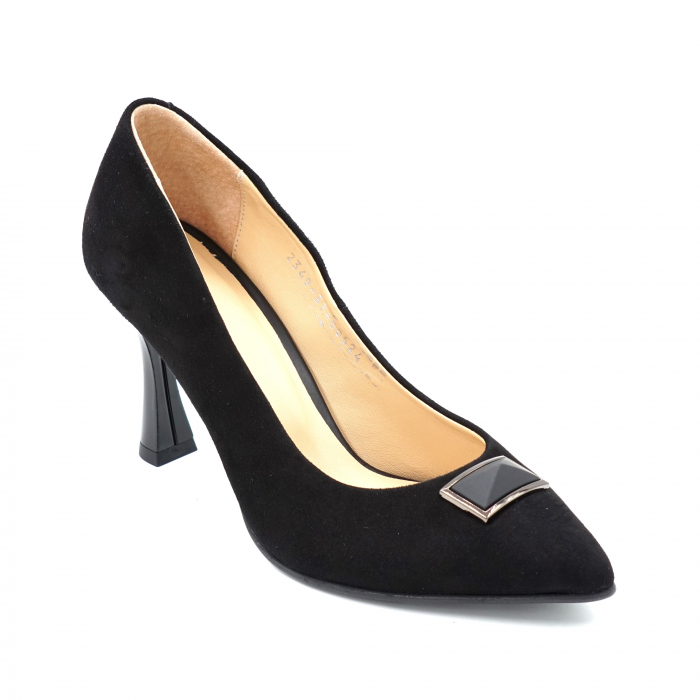 Pantofi dama din piele naturala intoarsa neagra cu varf ascutit stileto si toc mediu subtire 8 cm 50524-4-24 [4]